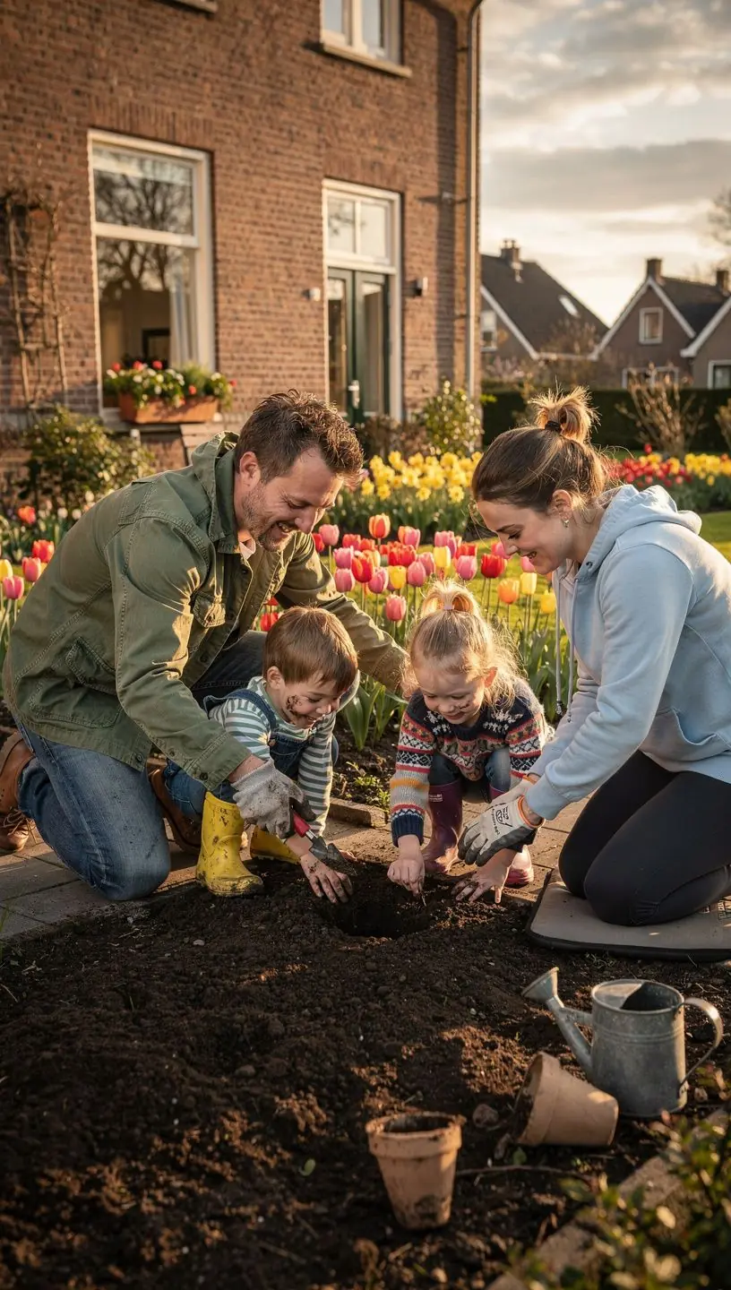 Een gezin dat samen leert met educatieve materialen op een tafel.